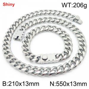 550&210x13MM Silver Stainless Steel Cuban Chain Bracelet Necklace Set Fashion Shining Jewelry Set - KS219544-Z