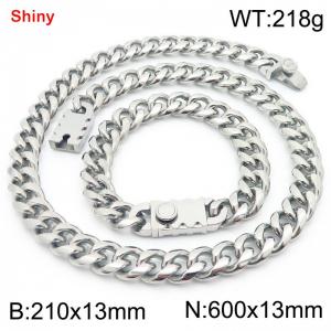 600&210x13MM Silver Stainless Steel Cuban Chain Bracelet Necklace Set Fashion Shining Jewelry Set - KS219545-Z