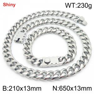 650&210x13MM Silver Stainless Steel Cuban Chain Bracelet Necklace Set Fashion Shining Jewelry Set - KS219546-Z