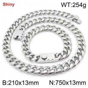 750&210x13MM Silver Stainless Steel Cuban Chain Bracelet Necklace Set Fashion Shining Jewelry Set - KS219548-Z