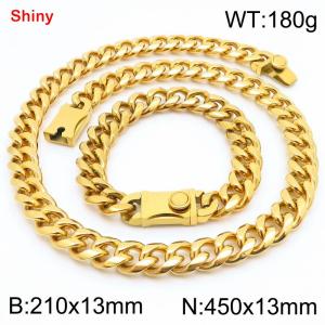 450&210x13MM Gold Color Stainless Steel Cuban Chain Bracelet Necklace Set Fashion Shining Jewelry Set - KS219549-Z