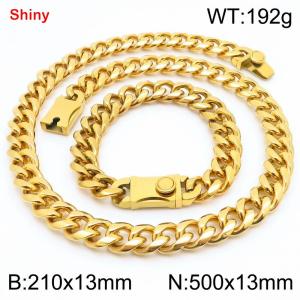 500&210x13MM Gold Color Stainless Steel Cuban Chain Bracelet Necklace Set Fashion Shining Jewelry Set - KS219550-Z