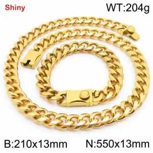 550&210x13MM Gold Color Stainless Steel Cuban Chain Bracelet Necklace Set Fashion Shining Jewelry Set - KS219551-Z