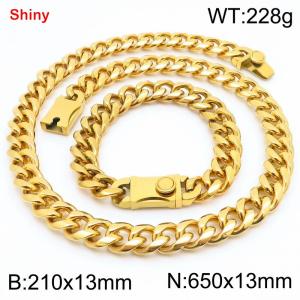 650&210x13MM Gold Color Stainless Steel Cuban Chain Bracelet Necklace Set Fashion Shining Jewelry Set - KS219553-Z