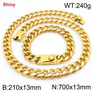 700&210x13MM Gold Color Stainless Steel Cuban Chain Bracelet Necklace Set Fashion Shining Jewelry Set - KS219554-Z