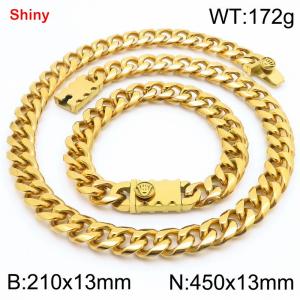 450&210x13MM Gold Color Stainless Steel Cuban Chain Bracelet Necklace Set Fashion Shining Jewelry Set - KS219563-Z