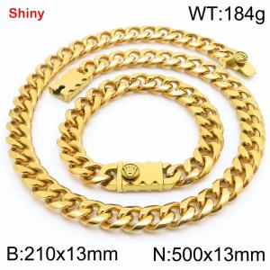 500&210x13MM Gold Color Stainless Steel Cuban Chain Bracelet Necklace Set Fashion Shining Jewelry Set - KS219564-Z