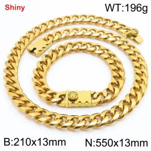 550&210x13MM Gold Color Stainless Steel Cuban Chain Bracelet Necklace Set Fashion Shining Jewelry Set - KS219565-Z