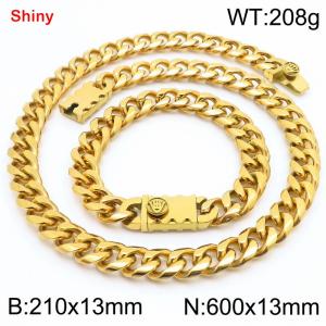 600&210x13MM Gold Color Stainless Steel Cuban Chain Bracelet Necklace Set Fashion Shining Jewelry Set - KS219566-Z