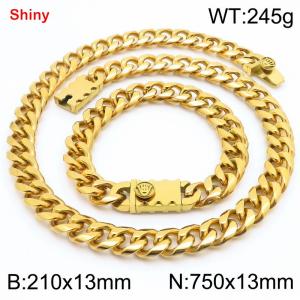 750&210x13MM Gold Color Stainless Steel Cuban Chain Bracelet Necklace Set Fashion Shining Jewelry Set - KS219569-Z