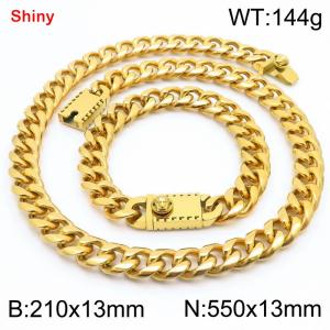 550&210x13MM Gold Color Stainless Steel Cuban Chain Bracelet Necklace Set Fashion Shining Jewelry Set - KS219586-Z