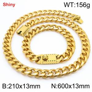 600&210x13MM Gold Color Stainless Steel Cuban Chain Bracelet Necklace Set Fashion Shining Jewelry Set - KS219587-Z