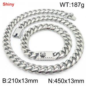 450&210x13MM Silver Stainless Steel Cuban Chain Bracelet Necklace Set Fashion Shining Jewelry Set - KS219591-Z