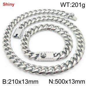 500&210x13MM Silver Stainless Steel Cuban Chain Bracelet Necklace Set Fashion Shining Jewelry Set - KS219592-Z