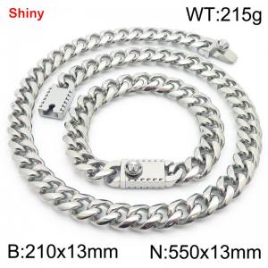 550&210x13MM Silver Stainless Steel Cuban Chain Bracelet Necklace Set Fashion Shining Jewelry Set - KS219593-Z