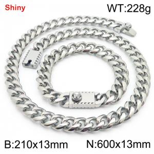 600&210x13MM Silver Stainless Steel Cuban Chain Bracelet Necklace Set Fashion Shining Jewelry Set - KS219594-Z