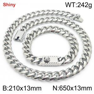 650&210x13MM Silver Stainless Steel Cuban Chain Bracelet Necklace Set Fashion Shining Jewelry Set - KS219595-Z