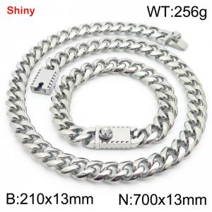 700&210x13MM Silver Stainless Steel Cuban Chain Bracelet Necklace Set Fashion Shining Jewelry Set - KS219596-Z