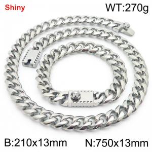 750&210x13MM Silver Stainless Steel Cuban Chain Bracelet Necklace Set Fashion Shining Jewelry Set - KS219597-Z