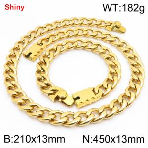 13MM Gold Color Stainless Steel Cuban Chain Geometrical Snap 21cm Bracelet and 45cm Necklace Set Fashion Shiny Jewelry Sets For Men and Women - KS219605-Z