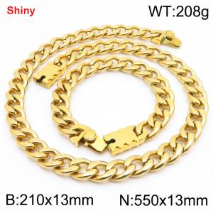 13MM Gold Color Stainless Steel Cuban Chain Geometrical Snap 21cm Bracelet and 55cm Necklace Set Fashion Shiny Jewelry Sets For Men and Women - KS219607-Z