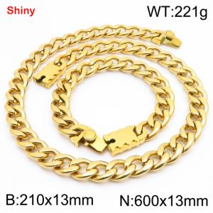 13MM Gold Color Stainless Steel Cuban Chain Geometrical Snap 21cm Bracelet and 60cm Necklace Set Fashion Shiny Jewelry Sets For Men and Women - KS219608-Z