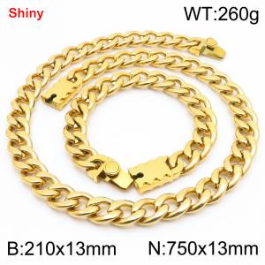 13MM Gold Color Stainless Steel Cuban Chain Geometrical Snap 21cm Bracelet and 75cm Necklace Set Fashion Shiny Jewelry Sets For Men and Women - KS219611-Z