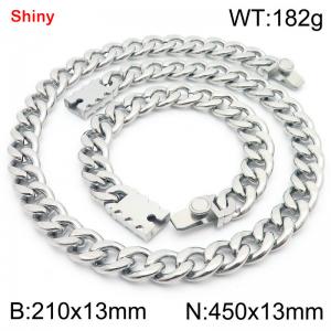 13MM Silver Color Stainless Steel Cuban Chain Geometrical Snap 21cm Bracelet and 45cm Necklace Set Fashion Shiny Jewelry Sets For Men and Women - KS219612-Z