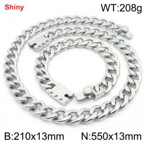 13MM Silver Color Stainless Steel Cuban Chain Geometrical Snap 21cm Bracelet and 55cm Necklace Set Fashion Shiny Jewelry Sets For Men and Women - KS219614-Z