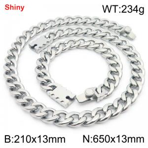 13MM Silver Color Stainless Steel Cuban Chain Geometrical Snap 21cm Bracelet and 65cm Necklace Set Fashion Shiny Jewelry Sets For Men and Women - KS219616-Z