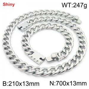 13MM Silver Color Stainless Steel Cuban Chain Geometrical Snap 21cm Bracelet and 70cm Necklace Set Fashion Shiny Jewelry Sets For Men and Women - KS219617-Z