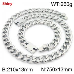 13MM Silver Color Stainless Steel Cuban Chain Geometrical Snap 21cm Bracelet and 75cm Necklace Set Fashion Shiny Jewelry Sets For Men and Women - KS219618-Z