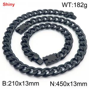 13MM Black Color Stainless Steel Cuban Chain Geometrical Snap 21cm Bracelet and 45cm Necklace Set Fashion Shiny Jewelry Sets For Men and Women - KS219619-Z