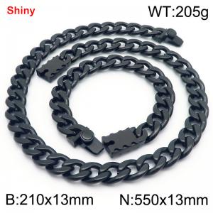 13MM Black Color Stainless Steel Cuban Chain Geometrical Snap 21cm Bracelet and 55cm Necklace Set Fashion Shiny Jewelry Sets For Men and Women - KS219621-Z