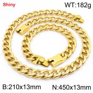 13MM Gold Color Stainless Steel Cuban Chain Snap 21cm Bracelet and 45cm Necklace Set Fashion Shiny Jewelry Sets For Men and Women - KS219626-Z