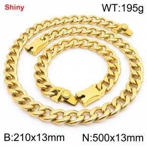 13MM Gold Color Stainless Steel Cuban Chain Snap 21cm Bracelet and 50cm Necklace Set Fashion Shiny Jewelry Sets For Men and Women - KS219627-Z