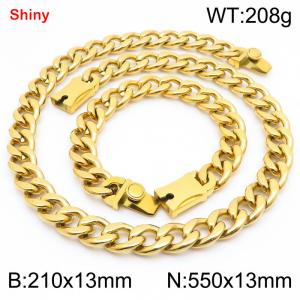 13MM Gold Color Stainless Steel Cuban Chain Snap 21cm Bracelet and 55cm Necklace Set Fashion Shiny Jewelry Sets For Men and Women - KS219628-Z