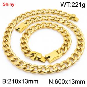 13MM Gold Color Stainless Steel Cuban Chain Snap 21cm Bracelet and 60cm Necklace Set Fashion Shiny Jewelry Sets For Men and Women - KS219629-Z