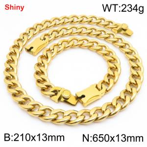 13MM Gold Color Stainless Steel Cuban Chain Snap 21cm Bracelet and 65cm Necklace Set Fashion Shiny Jewelry Sets For Men and Women - KS219630-Z