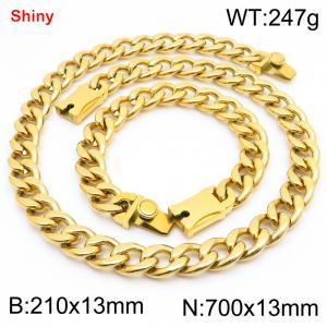 13MM Gold Color Stainless Steel Cuban Chain Snap 21cm Bracelet and 70cm Necklace Set Fashion Shiny Jewelry Sets For Men and Women - KS219631-Z