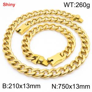 13MM Gold Color Stainless Steel Cuban Chain Snap 21cm Bracelet and 75cm Necklace Set Fashion Shiny Jewelry Sets For Men and Women - KS219632-Z