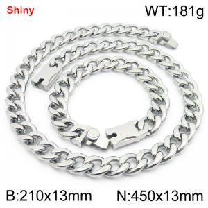 13MM Silver Color Stainless Steel Cuban Chain Snap 21cm Bracelet and 45cm Necklace Set Fashion Shiny Jewelry Sets For Men and Women - KS219633-Z