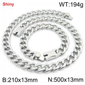 13MM Silver Color Stainless Steel Cuban Chain Snap 21cm Bracelet and 50cm Necklace Set Fashion Shiny Jewelry Sets For Men and Women - KS219634-Z