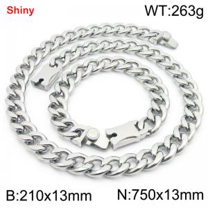 13MM Silver Color Stainless Steel Cuban Chain Snap 21cm Bracelet and 75cm Necklace Set Fashion Shiny Jewelry Sets For Men and Women - KS219639-Z