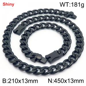 13MM Black Color Stainless Steel Cuban Chain Snap 21cm Bracelet and 45cm Necklace Set Fashion Shiny Jewelry Sets For Men and Women - KS219640-Z