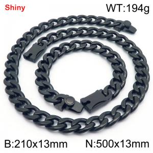 13MM Black Color Stainless Steel Cuban Chain Snap 21cm Bracelet and 50cm Necklace Set Fashion Shiny Jewelry Sets For Men and Women - KS219641-Z