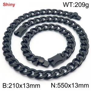 13MM Black Color Stainless Steel Cuban Chain Snap 21cm Bracelet and 55cm Necklace Set Fashion Shiny Jewelry Sets For Men and Women - KS219642-Z