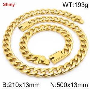 13MM Gold Color Stainless Steel Cuban Chain 21cm Bracelet and 50cm Necklace Set Fashion Shiny Jewelry Sets For Men and Women - KS219648-Z