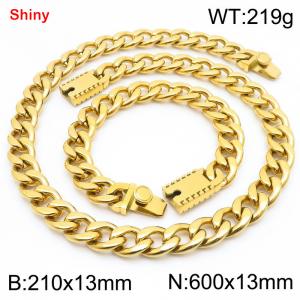 13MM Gold Color Stainless Steel Cuban Chain 21cm Bracelet and 60cm Necklace Set Fashion Shiny Jewelry Sets For Men and Women - KS219650-Z