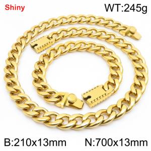 13MM Gold Color Stainless Steel Cuban Chain 21cm Bracelet and 70cm Necklace Set Fashion Shiny Jewelry Sets For Men and Women - KS219652-Z